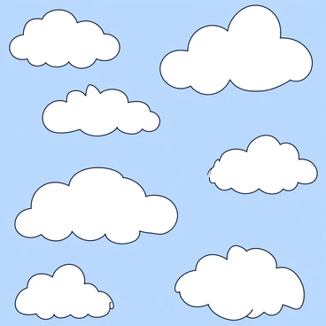 A sky filled with fluffy white clouds shaped like fern leaves. The clouds are varying in size and density, creating a playful pattern against a bright blue background. Some fern-shaped clouds are large and billowy, while others are smaller and wispy. The sun is shining brightly, casting soft shadows on the clouds, enhancing their leafy forms.