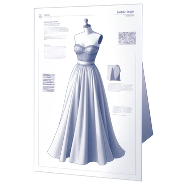 A fashion design sketch displayed on a 1/2 size illustration board. The board features a single elegant dress design showcased in a full-body view. The dress has a fitted bodice with intricate detailing, flowing into a flared skirt that cascades gracefully. Various elements of the design, including textures and patterns, are annotated around the dress. A soft pencil shading adds depth to the fabric, while the outline of the dress is clear and precise, emphasizing its silhouette. The board includes measurements and notes that describe the style elements in detail.