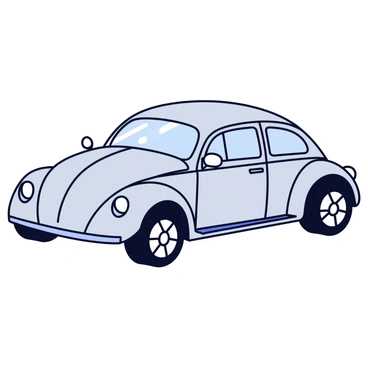 A VW Beetle designed with a sleek, aerodynamic body in metallic silver. The car has round headlights that glow with a soft blue light and an illuminated dashboard visible through the windshield. Its wheels are larger than usual, featuring intricate designs that hint at advanced technology. The windshield has a reflective surface, displaying digital information. The side mirrors are replaced with cameras, and a glowing strip runs along the sides, highlighting the car's futuristic features. The overall appearance is compact, clean, and modern.