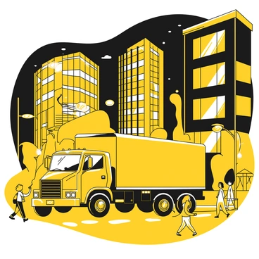 A large truck with glowing yellow side lights is parked on a busy street. The truck's body is sleek and modern, catching the eye of passersby. The towering buildings surrounding the street feature illuminated windows, showcasing the vibrant nightlife of the city. People are walking by, some stopping to look at the truck. A streetlight stands nearby, casting additional light on the scene, while a billboard in the background adds to the urban atmosphere.