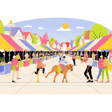 A lively medieval fair taking place in a bustling village square. In the center, several children are dressed in colorful costumes, playfully jousting with foam lances on wooden hobby horses. Stalls filled with vibrant and colorful wares line the edges of the square, showcasing items such as bright fabrics, hand-crafted pottery, and assorted trinkets. People of all ages, including adults and families, are strolling through the fair, admiring the goods and engaging in lively conversations. A few entertainers are performing nearby, adding to the cheerful atmosphere. The sky is clear and blue, with the sun shining brightly over the festivities.