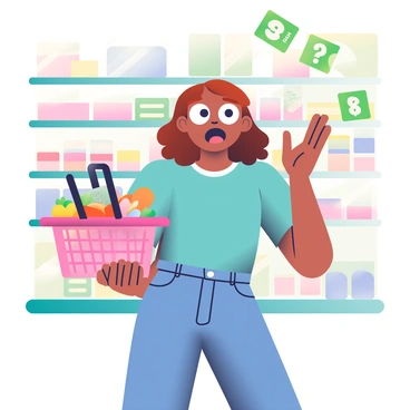 A surprised shopper with light brown skin stands in a grocery store aisle. Her wide eyes are filled with astonishment as "cashback dollars" in the form of colorful bills appear magically around her. She has shoulder-length curly hair and is wearing a casual blue t-shirt and denim jeans. In her left hand, she holds a shopping basket filled with groceries, while her right hand is raised in an exaggerated gesture of surprise. The store shelves in the background are stocked with various food items, creating a lively shopping atmosphere.