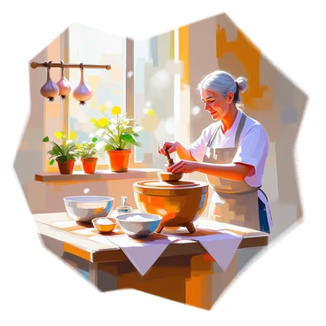 A rustic scene depicting a traditional butter churner in action within a sunny kitchen. The butter churner, made of wood with a smooth finish, is being operated by an elderly woman wearing a simple, patterned apron over her dress. Sunlight streams through a window, casting warm light onto the wooden countertop where the churner sits. Surrounding the churner are various ingredients, including a bowl of fresh cream and a small jar of sea salt. On the walls, there are hanging herbs and drying garlic, adding to the homely atmosphere. A few potted plants on the windowsill bring touches of green into the space.