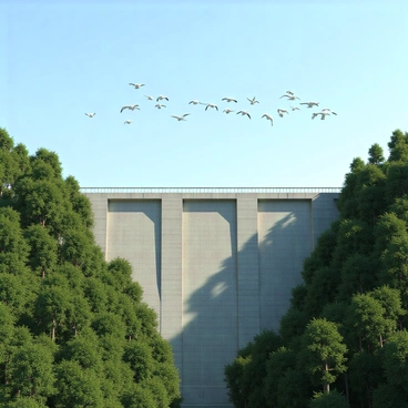 A flock of birds with various species, including seagulls and sparrows, soaring gracefully through a clear blue sky. Below them is a large dam with a concrete structure, showcasing its height and width. The dam is surrounded by dense, lush green vegetation, including tall trees and shrubs, creating a vibrant natural landscape. The sunlight casts soft shadows on the dam and the surrounding greenery, highlighting the intricate details of the scene.