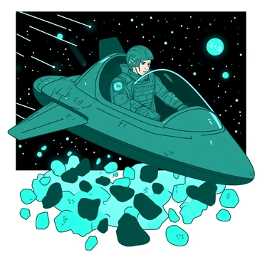 A teal space pirate with a cybernetic eye is sitting in the cockpit of a sleek spaceship. The spaceship is navigating through a dense field of asteroids, which are scattered in various sizes around it. The pirate is wearing a dark, rugged space suit adorned with patches and insignia. The cockpit features a large control panel illuminated with bright lights. The pirate's gaze is focused on the asteroids ahead as he skillfully maneuvers the ship, displaying a serious expression. In the background, vibrant stars fill the black expanse of space, adding depth to the scene.