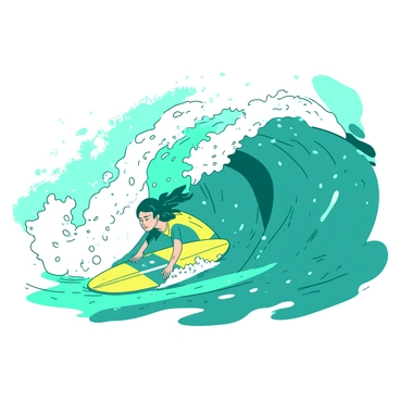 A teal surfer in a bright yellow wetsuit is tumbling off their board as a large wave crashes over them. The surfer's hair is being swept back by the force of the water. The surfboard, yellow with a teal design, is partially submerged in the frothy white water. Bubbles and spray surround the surfer, capturing the dynamic motion of the moment. In the background, the ocean is a mix of teal and deep blue, reflecting the energy of the scene. The sunlight glints off the water, creating a shimmering effect around the crashing wave.