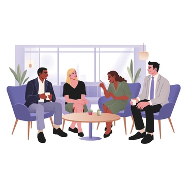 A group of four executives sitting together in a sleek office lounge during an informal coffee break. Two men and two women are engaged in a lively discussion. The man on the left has dark skin, short black hair, and is wearing a navy blazer over a white shirt with rolled-up sleeves. He is holding a coffee cup. The second man on the right has light skin and is dressed in a light grey suit and a light blue shirt. The woman in the center has medium skin and curly brown hair, she is wearing a black blouse and is smiling while leaning forward. The other woman has light skin with straight blonde hair, wearing a green dress, and is gesturing as she speaks. In the background, there are modern furniture pieces, a large window with natural light pouring in, and a few indoor plants that add a touch of greenery.