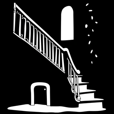 An old wooden staircase with intricate carvings on the railing, creaking under the pressure of invisible footsteps. The staircase is dimly lit, creating an atmosphere of mystery. Unsettling shadows stretch along the walls, hinting at a presence just out of sight. Dust particles float in the air, illuminated by a faint light source, enhancing the eerie ambiance of the scene.