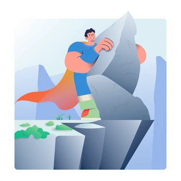 A superhero with a muscular build and wearing a bright blue and silver suit stands firmly on the edge of a steep mountain. He has short black hair and a determined expression on his face. His hands are pressed against a massive gray boulder that is teetering dangerously on the edge of the cliff. The boulder is textured with rough surfaces and shadows indicate its weight. The background features a rugged mountain landscape with patches of green vegetation and a clear blue sky above. The superhero's cape billows behind him, adding a sense of motion to the scene.