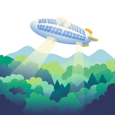 An eco-friendly airship with a sleek, streamlined design glides silently over a dense forest. The airship is adorned with numerous solar panels that reflect sunlight, shimmering softly. Below, the forest is lush and vibrant, with a variety of green trees and foliage creating a rich canopy. Rays of sunlight filter through the leaves, casting patches of light onto the forest floor. In the distance, gentle hills rise, completing the tranquil landscape. The airship’s shadow glides over the treetops, blending seamlessly with the natural beauty below.