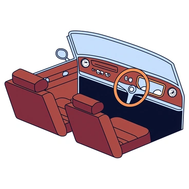 An interior of a car that showcases a retro design with deep brown leather seats featuring horizontal stitching. The dashboard has a vintage wood finish, with round analog gauges and chrome accents. Integrated into the dashboard is a modern touchscreen display that is sleek and flat. The steering wheel combines classic design with a leather wrap and integrated control buttons. Ambient lighting is present, casting a warm glow throughout the interior, highlighting the blend of old and new elements.