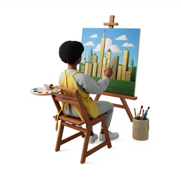 An artist with light skin and curly hair is focused on painting a vibrant cityscape. The canvas in front of them depicts tall buildings constructed from intricately arranged dollar bills and shiny coins, reflecting light in various metallic hues. The scene is bustling with energy, showcasing a bright blue sky adorned with fluffy white clouds. The artist is using a variety of paintbrushes, with strokes of green and gold to enhance the financial theme of the artwork. A palette filled with vibrant colors rests on a nearby easel, while a few splashes of paint decorate the artist's apron.