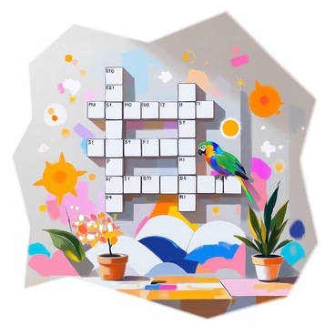 A large wall mural featuring a crossword puzzle design, with each word represented by vibrant imagery that corresponds to its meaning. The puzzle grid is prominent, with evenly spaced white squares outlined in bold black lines. Each word slot showcases unique illustrations: for instance, a colorful parrot for the word "bird," a bright sun for "day," and a blue wave for "ocean." Surrounding the crossword are playful embellishments that enhance the visual appeal, such as flowers, stars, and abstract patterns. The overall scene is lively and engaging, inviting viewers to explore the connections between the words and their illustrations.