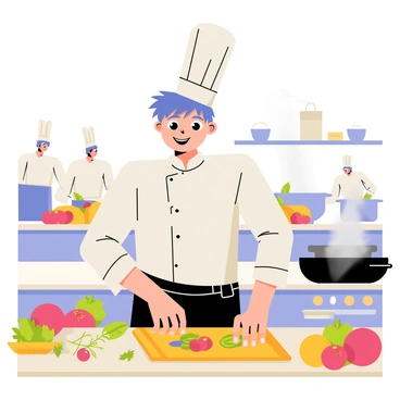 An anime boy with spiky blue hair is wearing a classic white chef's outfit, complete with a tall chef's hat and a black apron. He is skillfully chopping colorful vegetables on a wooden cutting board, with a focused expression on his face. The kitchen around him is busy, filled with pots and pans simmering on the stove, and other chefs moving energetically in the background. A variety of ingredients, such as herbs, spices, and fresh produce, are spread across the counter, adding vibrant colors to the scene. Steam rises from a pot on the stove, enhancing the lively atmosphere of the bustling kitchen.
