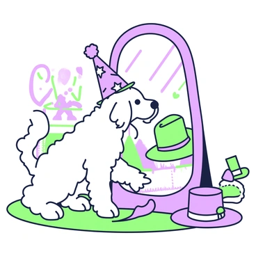 A goldendoodle with a fluffy coat is standing in front of a large mirror. The dog is wearing a vibrant, oversized party hat decorated with stars. Next to the dog, there are several other fun hats on a small table, including a bright green cowboy hat, a purple beret, and a green top hat with a satin band. The dog looks curiously at its reflection, tilting its head slightly. The background features a cozy room with a colorful rug and playful decor, enhancing the lighthearted atmosphere.