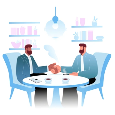 Two entrepreneurs are sitting at a small round table in a cafe, surrounded by a warm ambiance created by soft, gradient pastel colors. One entrepreneur, dressed in a tailored blazer, extends his hand for a handshake. The other entrepreneur, wearing a smart casual outfit, is reciprocating the gesture. In front of them, there are two steaming cups of coffee on the table, along with a notepad and a pen, suggesting a productive meeting. Behind them, the cafe's decor includes potted plants and shelves lined with books, creating a cozy atmosphere. A large decorative light fixture hangs overhead, illuminating the scene.