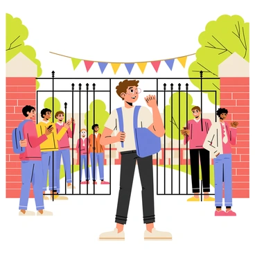 A young student standing nervously at the school gate. The student has short brown hair and wears a blue backpack that is slightly larger than them. The school gate is made of black wrought iron, and there are colorful banners hanging above it. In the background, there are brick walls of the school building and trees with green leaves. The student has one hand gripping the strap of the backpack and the other hand nervously adjusting their glasses. Several other students can be seen chatting and laughing nearby.