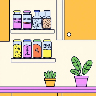 A colorful spice rack with various jars filled with spices arranged neatly. Each jar is labeled with its respective spice name. One jar is prominently labeled "Fennel Seeds" in clear text. The spice rack is mounted on a light-colored wall, and the kitchen has warm wooden cabinets in the background. A few herbs in small pots are placed on the countertop near the spice rack.