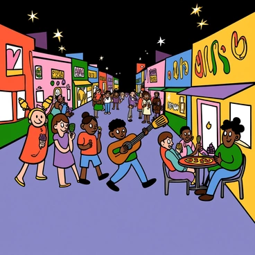 A busy city street at night, illuminated by colorful neon lights. The street is lined with various shops and restaurants, each with glowing signs. A light-skinned girl with pigtails and big eyes is walking with a group of friends, laughing and holding ice cream cones. Nearby, a dark-skinned boy with big eyes is playing a guitar on the sidewalk while a crowd gathers around him, clapping and enjoying the music. A couple, a light-skinned woman with big eyes and short brown hair and a dark-skinned man with big eyes and curly hair, are sitting at a small outdoor table, sharing a pizza. The scene is lively, with characters dressed in casual, colorful clothing, showcasing their joy and excitement for the night out.