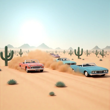 A scene depicting several cars racing on a dusty track in the Wild West. The cars, including a vintage red convertible and a sleek blue muscle car, are kicking up clouds of dust as they speed past. Surrounding the track are tall, green cacti and rolling tumbleweeds scattered across the dry terrain. The sun casts a warm glow over the landscape, highlighting the rugged features of the dusty ground. In the background, distant mountains can be seen under a clear blue sky.