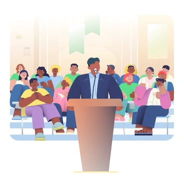 A stakeholder with short, dark hair is standing at a wooden podium, delivering a speech. The stakeholder is wearing a navy blue suit and a light blue shirt, with a microphone positioned in front of them. In the background, there is a diverse audience seated in rows, all facing the speaker, with expressions of focus and interest. The town hall is decorated with banners and has a warm, inviting atmosphere, featuring soft lighting and wooden paneling. A few people in the audience are taking notes, while others are nodding in agreement.