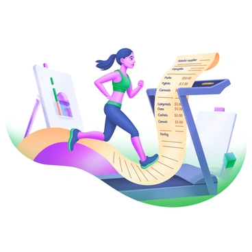 A figure in athletic attire is running on a treadmill that is uniquely constructed from a long, unrolled receipt printed with various art expenses. The receipt features detailed itemized entries, showing supplies like "paints," "canvases," and "brushes" alongside their corresponding prices. The background includes a subtle depiction of an art studio, with easels and paint tubes scattered around. The figure appears focused and determined, sweat glistening on their forehead as they jog on the receipt treadmill. The scene captures a blend of fitness and creativity, emphasizing the connection between exercise and artistic expression.