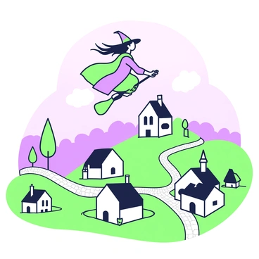 A witch with long, flowing hair is seen flying over a village on her broomstick. She is wearing a pointed hat and a flowing cloak that billows in the wind. Below her, the village is composed of several small houses with chimneys, and a cobblestone path winding through it. The rooftops of the houses are visible, and a few trees can be seen scattered throughout the village. The sky is transitioning to dusk, with soft hues suggesting the fading light of day. The silhouette of the witch contrasts against the sky as she glides gracefully above the village.