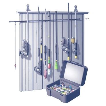 An assortment of fishing gear is hanging from a decorative hook inside a shed. Various fishing rods are secured in a vertical position, showcasing their length and sleek design. Several reels are attached to the rods, displaying intricate mechanical details. A collection of colorful lures and baits, arranged in an organized manner, dangles below the rods. Additionally, a tackle box, slightly open, reveals an array of tools and equipment essential for fishing. The wooden walls of the shed create a rustic backdrop, enhancing the overall ambiance of the scene.