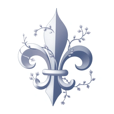 A detailed fleur-de-lis symbol prominently featured in the center of the image. The symbol is adorned with intricate, delicate vines that weave gracefully around its curves and edges. The vines are finely detailed, showcasing small leaves and tiny blossoms intertwined with the fleur-de-lis. The overall composition emphasizes the elegance of the symbol while highlighting the artistry of the surrounding foliage.