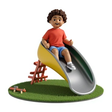 A child with curly brown hair, wearing a bright red t-shirt and blue shorts, sits at the top of a colorful playground slide. The slide is made of shiny metal and is curved, leading downwards. The child has a big smile on their face, eyes sparkling with excitement. They are gripping the edge of the slide, as their feet are positioned at the edge, indicating they are ready to push off. The background features a grassy area with a few scattered toys and a clear blue sky above.