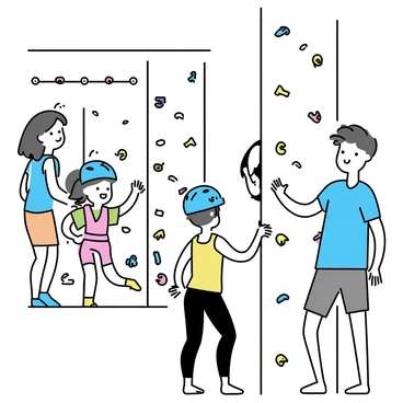 A climbing gym filled with various climbing walls and colorful holds. A father, wearing a blue t-shirt and gray shorts, is positioned beside a tall climbing wall, encouraging his daughter, who is in a pink climbing harness and a green shirt, as she makes her way up. The mother, dressed in a yellow tank top and black leggings, is assisting their son, who is wearing a blue climbing helmet and orange shorts, as he attempts to scale a lower wall. The atmosphere is lively, with other families climbing and socializing in the background.