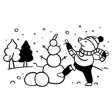 A pig wearing a warm scarf is happily stacking snowballs to build a snowman in a winter wonderland. The snowman is partially assembled, with a carrot placed on top as a nose. Snow-covered trees are scattered in the background, and a gentle snowfall is visible, creating a serene atmosphere. The ground is blanketed in a thick layer of snow, and there are footprints leading up to the pig.