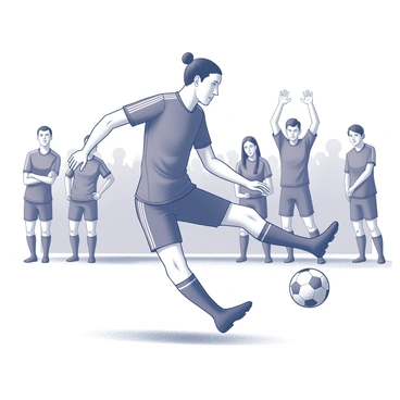 A soccer player is positioned on the field, about to kick a soccer ball. The player is wearing a uniform, complete with shorts and cleats, and is focused intently on the ball. The body is slightly bent forward, with one foot raised back in preparation for the kick. In the background, a crowd of spectators is visible, with expressions of anticipation on their faces. Some individuals are leaning forward, while others are standing with their arms raised, creating a dynamic atmosphere of excitement and tension. The overall scene captures the intensity of the moment just before the kick.