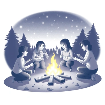 A campfire sits in the center of the scene, with flames flickering and casting light on the surroundings. Several friends are gathered around the fire, each holding a stick with a marshmallow at the end, toasting them over the flames. The friends are engaged in conversation and laughter. In the background, a clear night sky is filled with numerous stars, twinkling brightly. The silhouettes of trees can be seen, framing the scene and adding to the outdoor atmosphere. The ground is covered with scattered leaves and twigs, completing the cozy campfire setting.