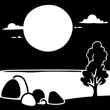 A full moon positioned high in the night sky, casting "golden light" across a tranquil lake. The surface of the lake reflects the "moonlight," creating a shimmering effect. Silhouetted trees line the perimeter of the lake, their branches gently swaying in a light breeze. In the foreground, smooth rocks are arranged near the water's edge, adding texture to the serene scene. Wispy clouds drift across the sky, complementing the overall composition of the landscape.