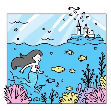 A sprawling undersea kingdom filled with vibrant coral reefs and various marine life. Majestic mermaids with shimmering scales swim gracefully among schools of brightly colored fish. The water is a deep blue, illuminated by beams of sunlight filtering from the surface. Elegant sea turtles glide past, while anemones sway gently in the currents. In the background, towering underwater castles made of polished shells and coral can be seen, nestled among the lush aquatic plants.