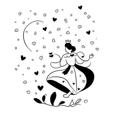 A figure dressed in an elaborate gown decorated with heart motifs, walking gracefully through a swirling breeze. The breeze carries numerous heart-shaped leaves and petals that float gently around her. The scene is filled with a sense of whimsy as the leaves and petals create a dynamic movement in the air. The queen's gown trails behind her, adding to the fluidity of her motion through the enchanted environment.