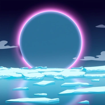 A total solar eclipse occurring in the Arctic, with the sun obscured by the moon, casting a dramatic shadow over the icy landscape. The sky is filled with deep shades of blue and purple, with a brilliant corona surrounding the edges of the moon. In the foreground, a vast expanse of ice and snow reflects the muted light, creating a shimmering effect. Icebergs are scattered across the scene, illuminated by the eclipse's glow. A few wispy clouds drift in the sky, subtly framing the celestial event. The cold atmosphere is palpable, emphasizing the stark beauty of the Arctic setting during the eclipse.