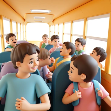 The interior of a yellow school bus, filled with children. Several children are sitting in their seats, with some wearing colorful backpacks. One child, wearing a blue t-shirt, is leaning over to talk to a friend in a red sweater, both smiling and animated. Another child is sitting by the window, looking outside, while two others are sharing a snack between them. The bus is well-lit, with sunlight streaming through the windows, illuminating the excited expressions on the children's faces.