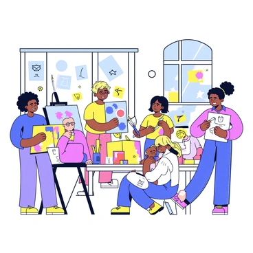 A bright, minimalistic cartoon illustration shows a diverse group of artists of different ethnicities collaborating in a shared creative space. There are two artists painting on canvases, one with curly black hair using vibrant colors, and another with straight brown hair mixing paint on a palette. A sculptor with long blonde hair is shaping clay at a workbench, while an artist with glasses sketches in a notebook. The room is filled with art supplies, such as paintbrushes, tubes of paint, and scattered sketches. Natural light streams in through large windows, illuminating the scene.