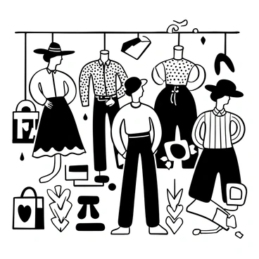 A collection of fashion designs displayed on mannequins, featuring bold patterns and exaggerated shapes. Each mannequin wears a different outfit, showcasing vibrant prints and unique silhouettes. The background is filled with oversized, stylized accessories, such as hats and handbags. Surrounding the mannequins are large, eye-catching shapes and lines that enhance the dynamic nature of the display. There are words like "Fashion" and "Style" integrated into the design, creatively arranged around the outfits.