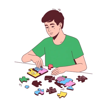 A person is sitting at a table, focused on assembling a colorful puzzle. The puzzle pieces are uniquely shaped, with designs representing different thoughts, such as a light bulb for ideas, a cloud for dreams, and a heart for emotions. The person has short brown hair and is wearing a green t-shirt. They are holding a piece shaped like a brain, contemplating where it fits. Surrounding the table are several scattered puzzle pieces, each showcasing intricate patterns and colors. The background is blurred, emphasizing the person's concentration on the puzzle.