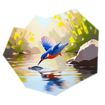 A vibrant kingfisher bird with bright blue and orange feathers is seen diving into the Nile River. The bird's wings are spread wide, creating ripples in the water as it plunges downward. Beneath the surface, a shiny fish is visible, caught in the moment just before the bird makes contact. The lush greenery along the riverbanks surrounds the scene, with hints of sunlight filtering through the leaves. The water's surface reflects the colors of the sky and the surrounding foliage.