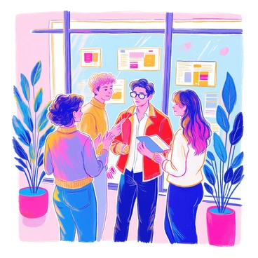 Team members reviewing a set of design mockups pinned to a glass wall