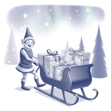 An elf is standing beside a wooden sleigh, carefully placing an assortment of gifts into the back. The gifts are wrapped in various decorative papers and adorned with large bows. The elf is wearing a traditional outfit with pointed ears visible, and a cheerful expression on its face. The scene is illuminated by the shimmering northern lights above, casting a mesmerizing glow on the surroundings. Snow blankets the ground, and a few evergreen trees can be seen in the background, adding to the festive atmosphere.