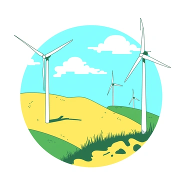 A yellow hillside is dotted with multiple white wind turbines spinning gracefully in the breeze. The turbines stand tall against a clear sky filled with fluffy white clouds. The sunlight bathes the scene, casting soft shadows on the ground, while the vibrant green grass sways gently around the bases of the turbines.