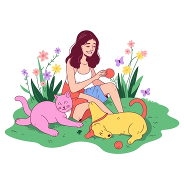 Juliet is sitting on the green grass in the garden, smiling. She has a playful expression as she interacts with her pets. A pink cat with a fluffy coat is playfully batting at a small orange ball next to her. At the same time, a yellow dog is lying on its back, wagging its tail happily as it rolls in the grass. There are colorful flowers blooming around them, and a few butterflies are fluttering in the air, adding to the cheerful atmosphere of the garden.