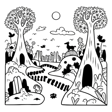 A sprawling magical landscape featuring towering, whimsical trees with twisting branches. In the foreground, a shimmering river reflects the light from a large moon hanging in the sky. Details of fantastical creatures, such as a dragon and a unicorn, are subtly integrated into the natural elements of the scenery. The word "illustration" appears intricately designed among the vines and foliage of the trees. In the background, cascading waterfalls and floating islands add to the enchanting atmosphere.