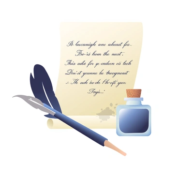 An old-fashioned quill pen with a dark feather is resting beside a glass ink bottle filled with deep blue ink. The ink bottle has a cork stopper and a slight sheen on its surface. Next to them, there is a piece of aged parchment paper, and handwritten lines of poetry are elegantly inscribed across it in a flowing script. The edges of the parchment are slightly curled, and there are faint ink smudges near the bottom. The background is a soft beige to enhance the vintage feel of the scene.