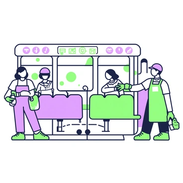 A group of cleaning staff is inside a public bus, carefully inspecting and sanitizing the interior. One staff member is using a spray bottle to disinfect the handrails, while another is wiping down the seats with a cloth. The bus interior features rows of seats, grab poles, and large windows letting in natural light. There are posters on the walls, providing information about safety and cleanliness. The floor is clear of debris, and the staff wears uniforms with name tags, gloves, and masks for protection.